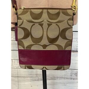 Coach Signature Brown Canvas Crossbody Burgundy Purple Stripe Leather Bag